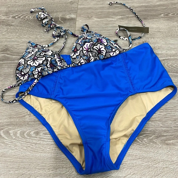 NWT J. Crew High Rise Waist and Triangle Top Bikini Swimsuit Blue Floral S - Picture 1 of 16